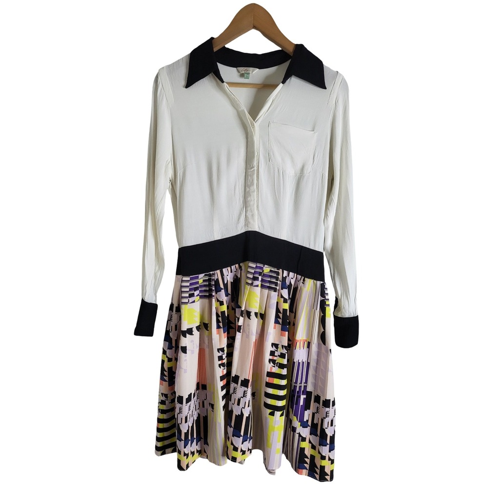 Lily White Long Sleeve Geometric Abstract Pleated Shirt Dress Sz M Art Teacher